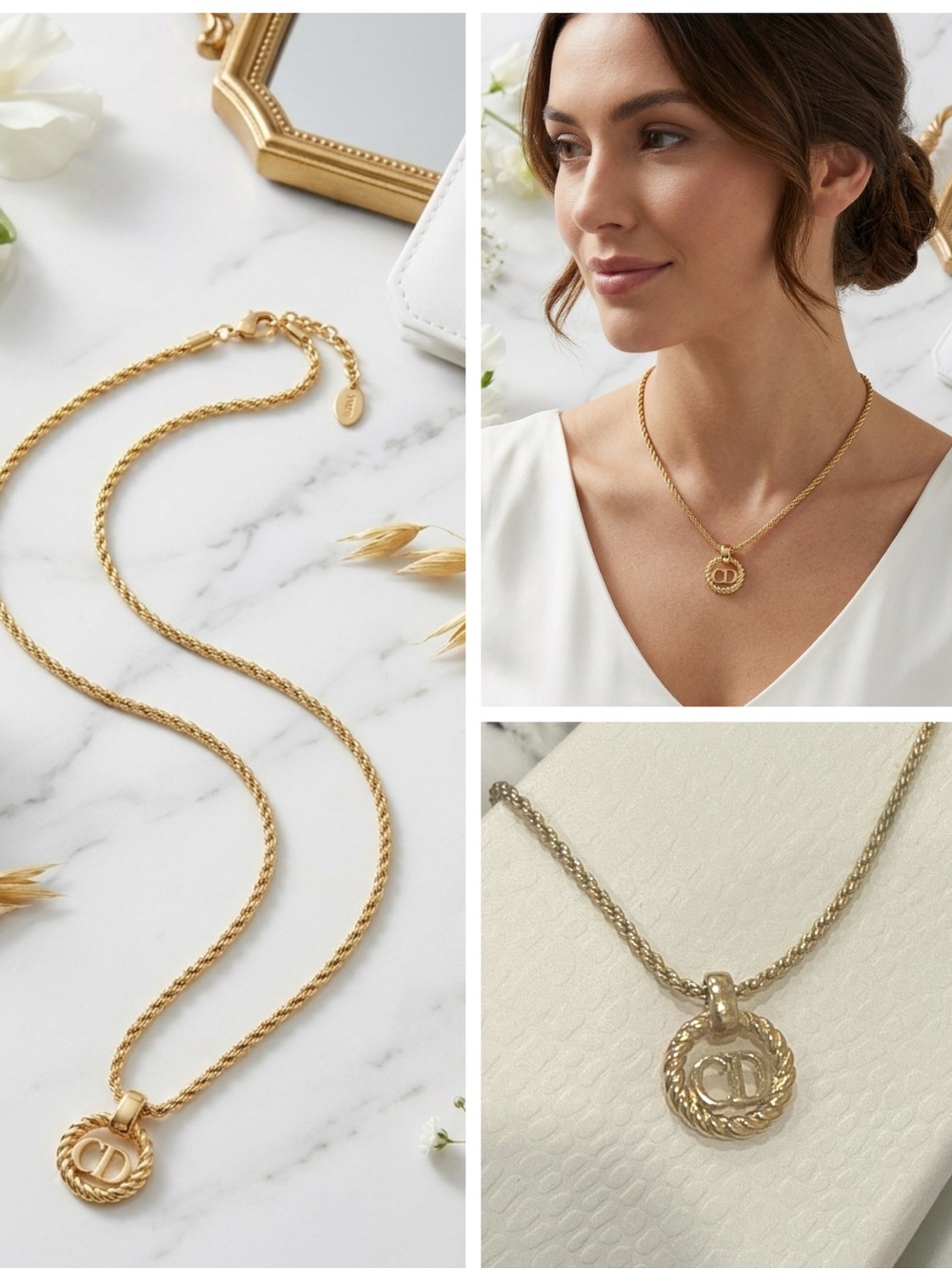 Vintage Dior CD Logo Twisted Rope Pendant Necklace Gold Tone